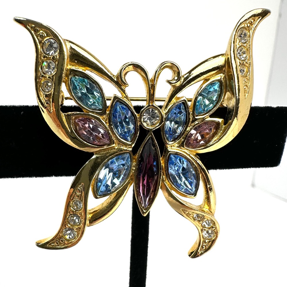 Avon Vintage Crystal‎ Rhinestone Butterfly Brooch Women OS Gold Blue Pink 1998